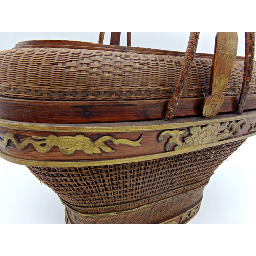 501 - Japanese ikebana type basket with woven decoration and centrally fitted with a lacquered panel, furt... 