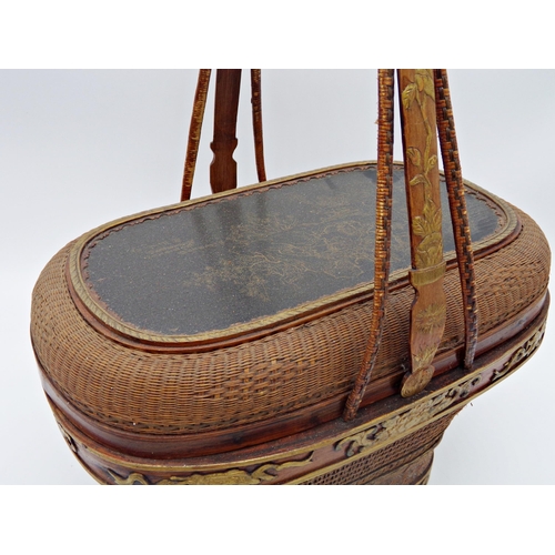 501 - Japanese ikebana type basket with woven decoration and centrally fitted with a lacquered panel, furt... 