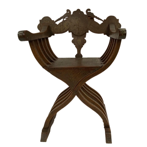 1283 - Impressive antique Indian Hoshiarpur Moghul Campaign Saravanola chair, teak frame with intricate scr... 