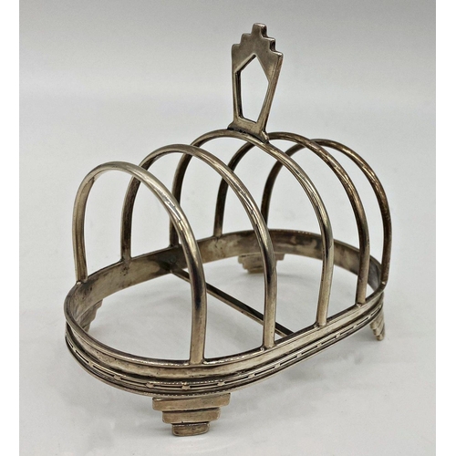 28 - Good Art Deco silver four divisional toast rack, maker marks worn, Birmingham 1938, 11cm long, 4oz a... 