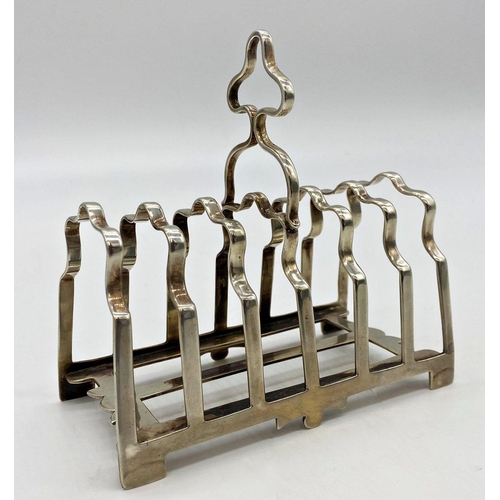 31 - Good quality early 20th century cast silver six divisional toast rack, maker James Dixon & Sons, She... 