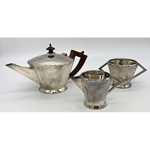 44 - Art Deco silver three piece tea service, teapot, milk jug and sugar bowl of tapered conical form, ma... 