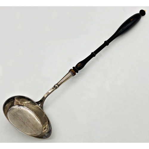 50 - Good quality substantial antique Swedish silver toddy ladle, turned ebonised handle, 46cm long