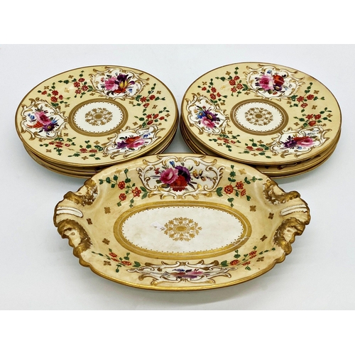 549 - Antique English porcelain part dessert comprising six plates and oval dish, 732 pattern, hand painte... 