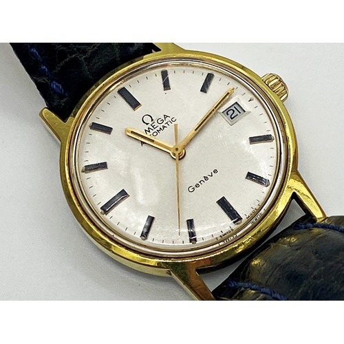 242 - 1960s Omega Geneve Automatic gold plated gents wristwatch, 35mm case, champagne dial with baton mark... 