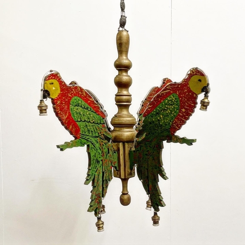 1069 - Mid century scratch built French novelty ceiling light, with three opposing parrots, 106cm high x 64... 