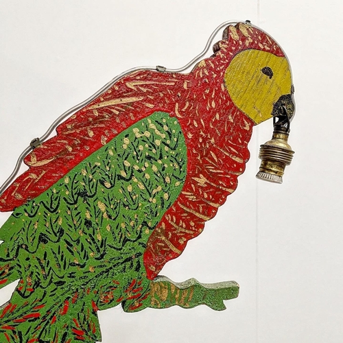 1069 - Mid century scratch built French novelty ceiling light, with three opposing parrots, 106cm high x 64... 