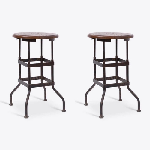 1259 - Set of 8 American factory stools, wooden tops on steel frames, 64cm high