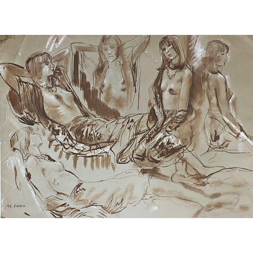 1373 - Derrick Sayer (1917-1992) -  female nude studies, signed, brown wash with highlights, 57 x 83cm, fra... 