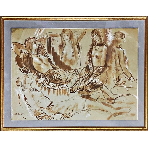 1373 - Derrick Sayer (1917-1992) -  female nude studies, signed, brown wash with highlights, 57 x 83cm, fra... 