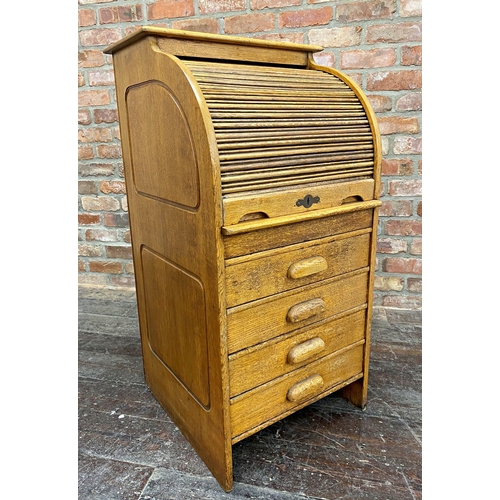 1221 - Sweet early 20th century golden oak students bureau, with tambour front, concealed work surface and ... 