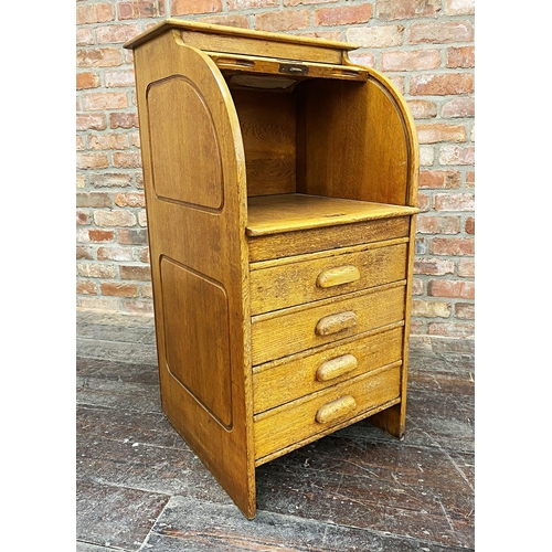 1221 - Sweet early 20th century golden oak students bureau, with tambour front, concealed work surface and ... 