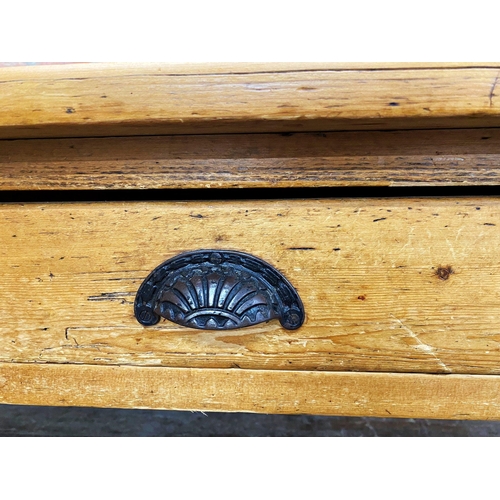 1235 - Victorian pine kitchen table, fitted with two drawers on turned legs 180cm long x 108cm wide