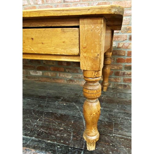 1235 - Victorian pine kitchen table, fitted with two drawers on turned legs 180cm long x 108cm wide