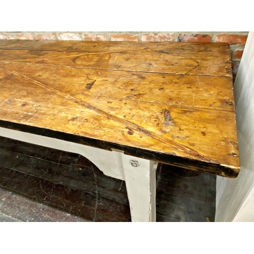 1288 - Substantial 19th French refectory farmhouse table, plank fruitwood top upon a painted base, 295cm lo... 