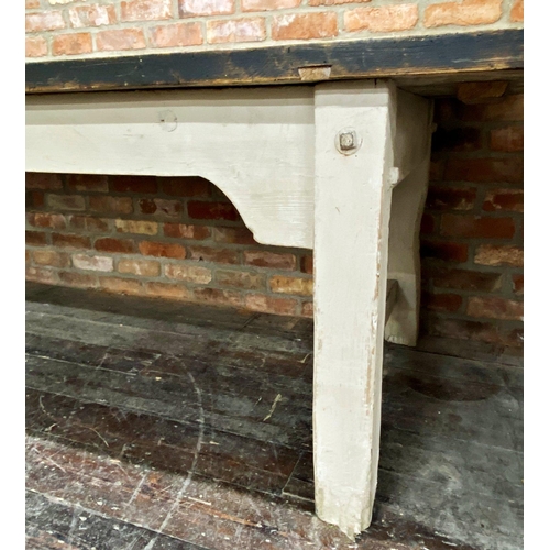 1288 - Substantial 19th French refectory farmhouse table, plank fruitwood top upon a painted base, 295cm lo... 