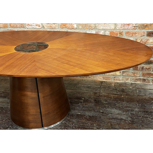 1289 - Good quality Quatropi teak veneered dining / boardroom table, oval top on a tapered cylinder base, 2... 