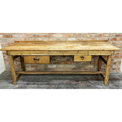 1290 - Victorian pine work or side table, raised back and panelled top, fitted with two drawers, 224cm long... 