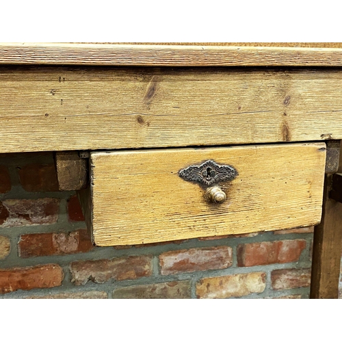 1290 - Victorian pine work or side table, raised back and panelled top, fitted with two drawers, 224cm long... 