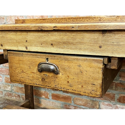 1290 - Victorian pine work or side table, raised back and panelled top, fitted with two drawers, 224cm long... 