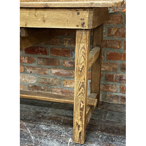 1290 - Victorian pine work or side table, raised back and panelled top, fitted with two drawers, 224cm long... 