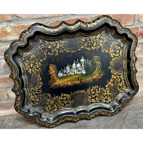 1101 - Good quality Victorian papier mache serpentine tray, centrally hand painted and mother of pearl inla... 