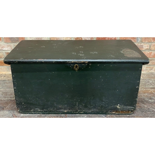 1391 - Impressive 19th century Seamans chest with original green paint, the hinged green lid enclosing a fo... 