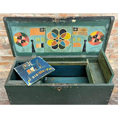 1391 - Impressive 19th century Seamans chest with original green paint, the hinged green lid enclosing a fo... 