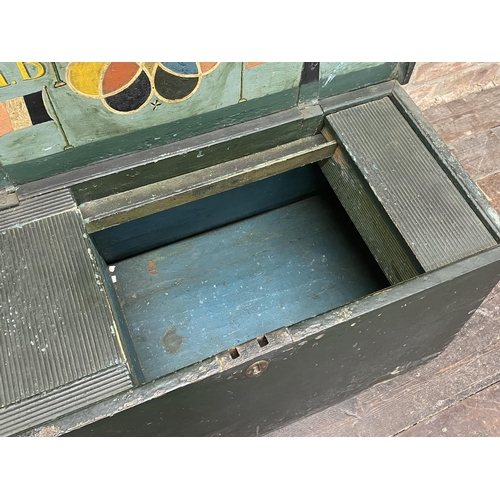 1391 - Impressive 19th century Seamans chest with original green paint, the hinged green lid enclosing a fo... 