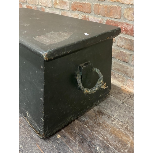 1391 - Impressive 19th century Seamans chest with original green paint, the hinged green lid enclosing a fo... 