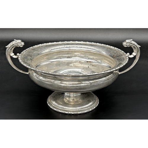 63 - Early 20th century silver twin handed pedestal dish, with mythical beast handles, maker mark worn, C... 