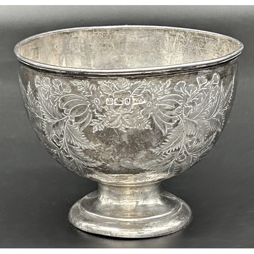 64 - Edwardian silver pedestal bowl, engraved with ferns and flowers, maker Walker & Hall, Sheffield 1903... 