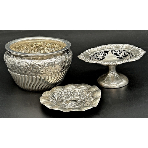 72 - Unmarked white metal (untested) embossed baluster bowl, 10cm diameter, with a small tazza and pin di... 