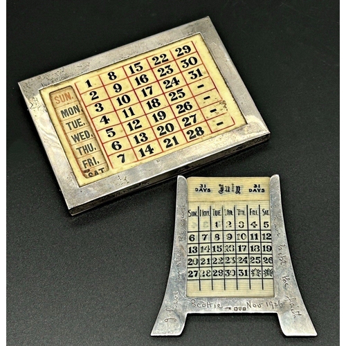 77 - Two silver applied desk calendars, one with inscription, 9.5 x 12.5cm and 9.5 x 9cm (2)