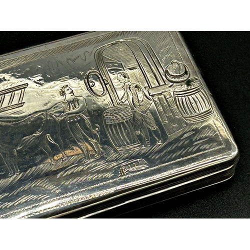 81 - Good quality provincial Dutch silver tobacco box, the hinged lid engraved with a folk art scene of t... 