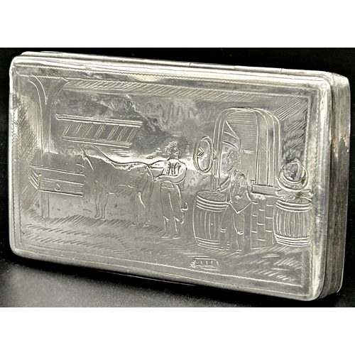 81 - Good quality provincial Dutch silver tobacco box, the hinged lid engraved with a folk art scene of t... 