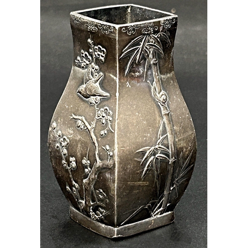 88 - Japanese white metal (untested) square baluster vase, cast with birds and blossom, 9.5cm high, 5oz a... 