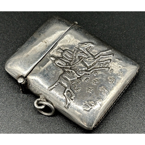 92 - '925' silver vesta embossed with two figures on horseback, 5cm tall