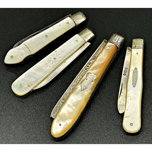 103 - Five Victorian and later mother of pearl and silver folding fruit knives (5)