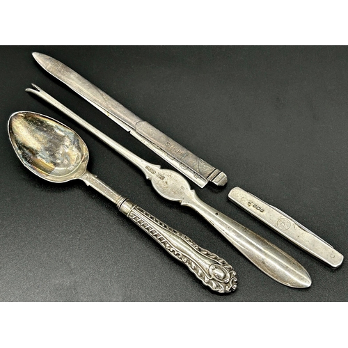 107 - Mixed silver comprising two letter openers, lobster pick, cased pocket knife and spoon (5)