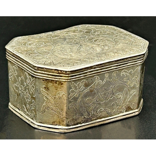 108 - Eastern white metal casket, with ring handle and engraved decoration, 8cm wide, 4.5oz approx