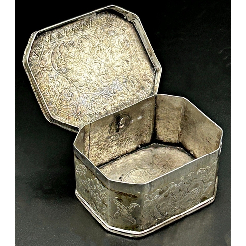 108 - Eastern white metal casket, with ring handle and engraved decoration, 8cm wide, 4.5oz approx