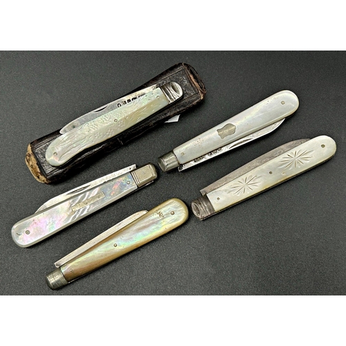 102 - Five Victorian and later mother of pearl and silver folding fruit knives (5)