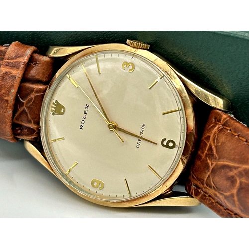 343 - Vintage 1960s gents Rolex Precision manual wind 9ct wristwatch, 35mm case, cream dial with gilt Arab... 