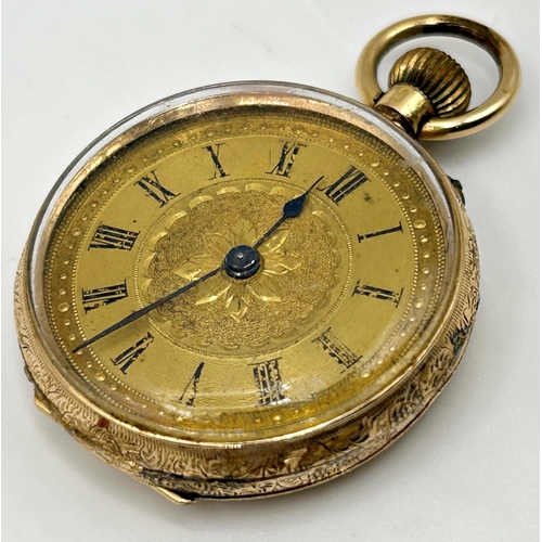 360 - Antique 14k Swiss fob watch, 35mm case, engraved gilt dial, gold plated dust cover, 27.2g gross (af)