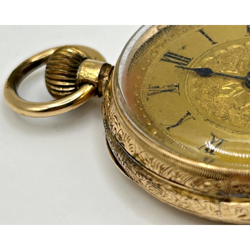 360 - Antique 14k Swiss fob watch, 35mm case, engraved gilt dial, gold plated dust cover, 27.2g gross (af)