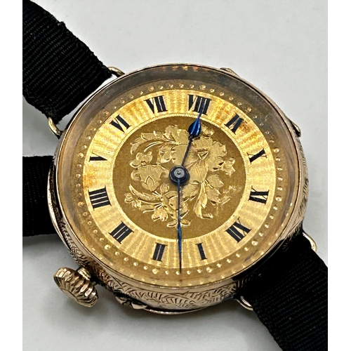 362 - J.B Dent & Sons 10ct gold watch with Roman numerals, floral etching to face, surrounding case etched... 