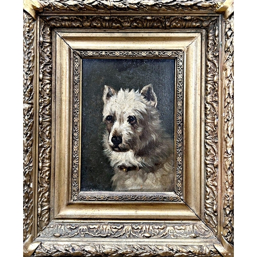 1520 - 19th century school - bust portrait of a terrier, monogrammed JC, oil on board, 21 x 14.5cm, giltwoo... 