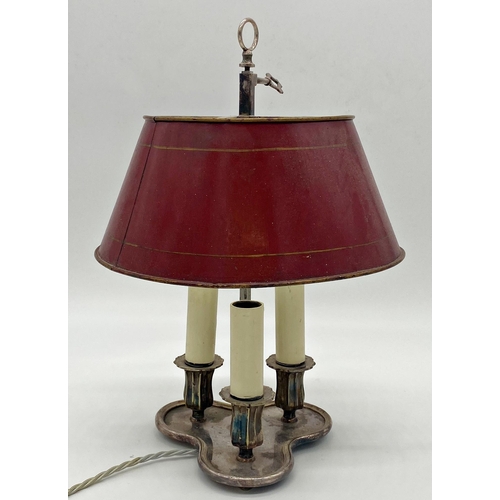 1229 - Silver plated three branch desk or table lamp, fluted sconces, adjustable toleware shade, 38cm high