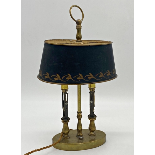 1230 - Brass twin desk or table lamp with oval toleware shade, 38cm high